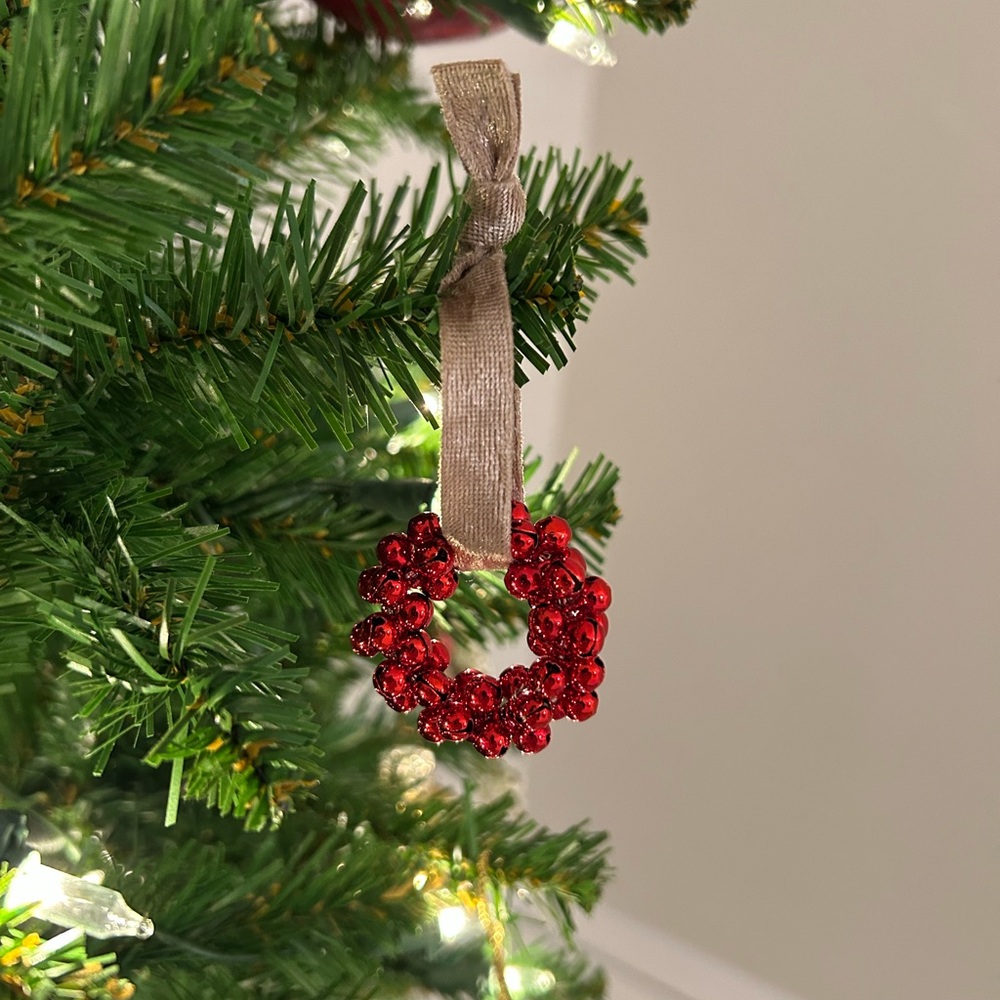 8 Festive Red Bell Wreath Ornaments with Champagne Velvet Ribbon